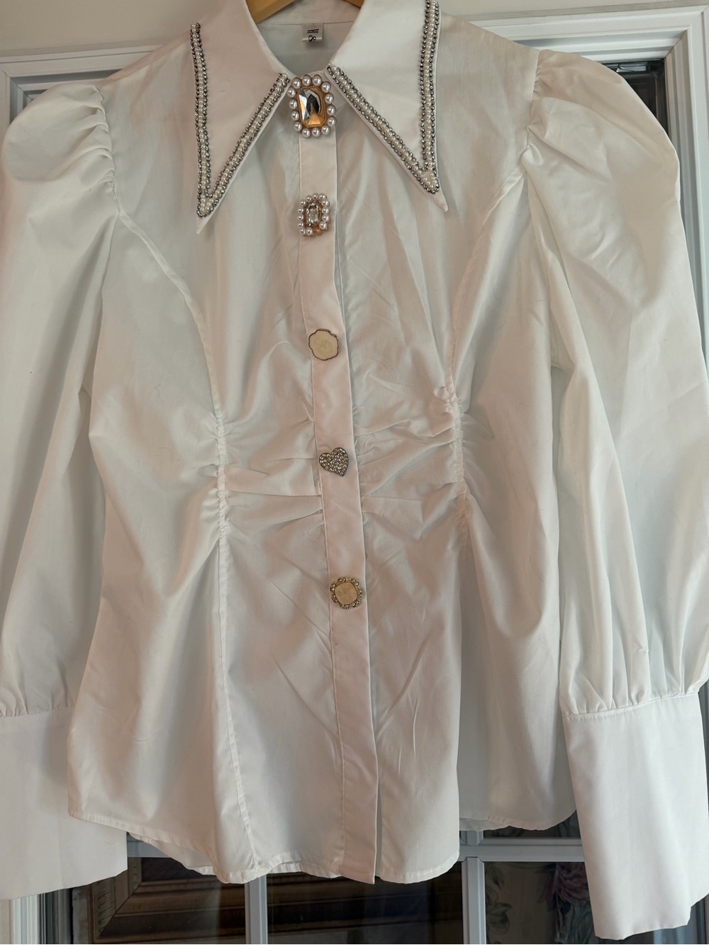 White Puff-Sleeve Blouse with Jewel Collar
